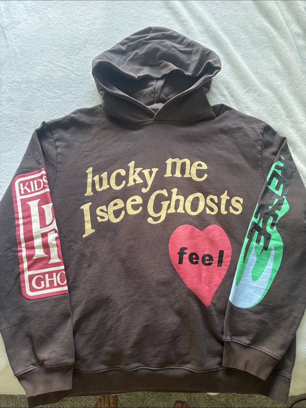 Lucky Me I See Ghosts Graphic Hoodie - Brown with Pink Heart & Yellow Text
